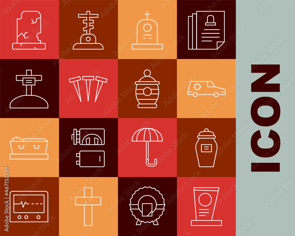 Set line Grave with tombstone, Funeral urn, Hearse car, Metallic nails, cross, Old grave and icon. Vector Set line Grave with tombstone, Funeral urn, Hearse car, Metallic nails, cross, Old grave and icon. Vector
