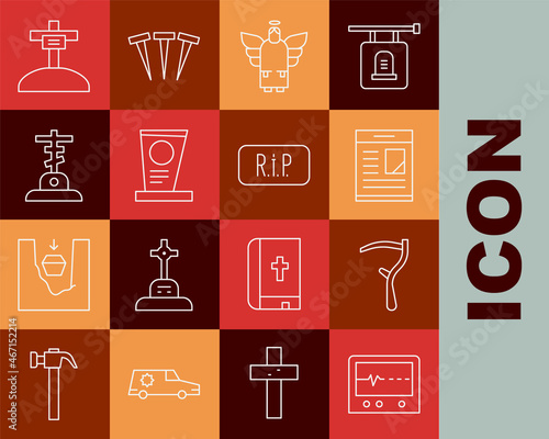 Set line Beat dead in monitor, Scythe, Obituaries, Christmas angel, Grave with tombstone, cross, and Speech bubble rip death icon. Vector