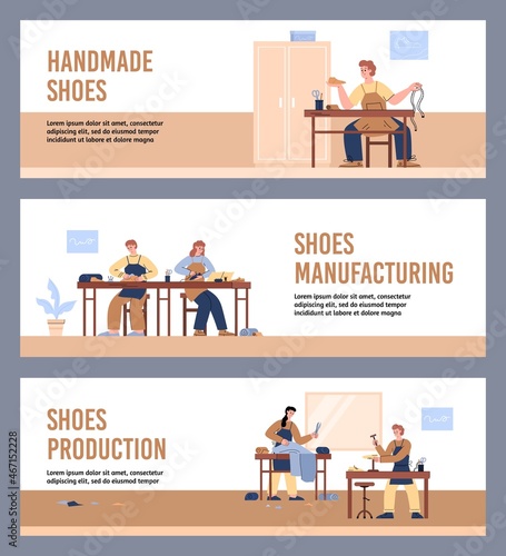 Footwear manufacturing banner layout with people making handmade shoes, flat vector illustration.