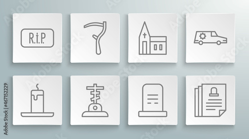 Set line Burning candle, Scythe, Grave with cross, tombstone, Death certificate, Church building, Hearse car and Speech bubble rip death icon. Vector