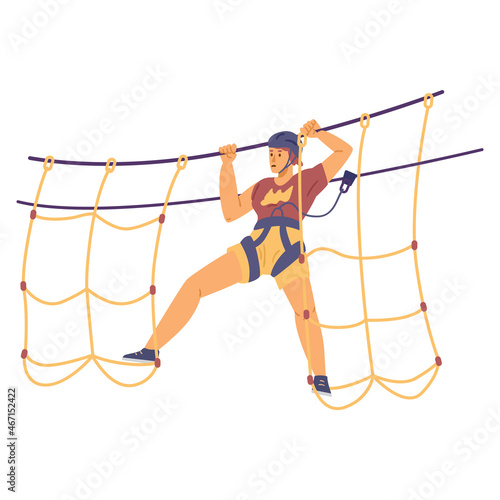 Woman walking adventure rope park trail in flat vector illustration isolated