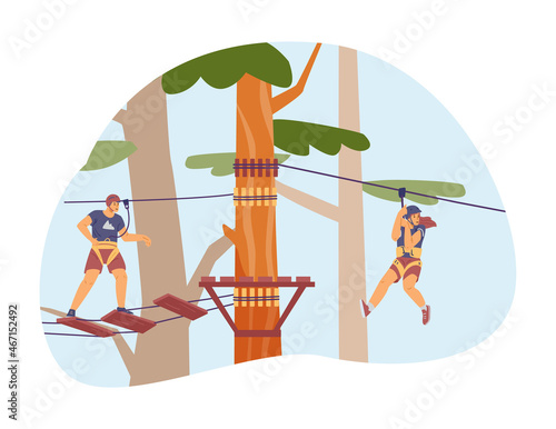 Outdoor adventure rope park with trail in trees in flat vector illustration