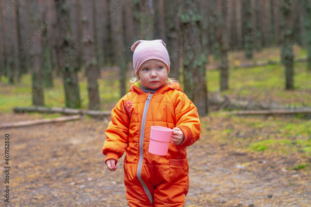 A child girl caucasian 2 years old drinks tea in a pine forest from a mug in autumn