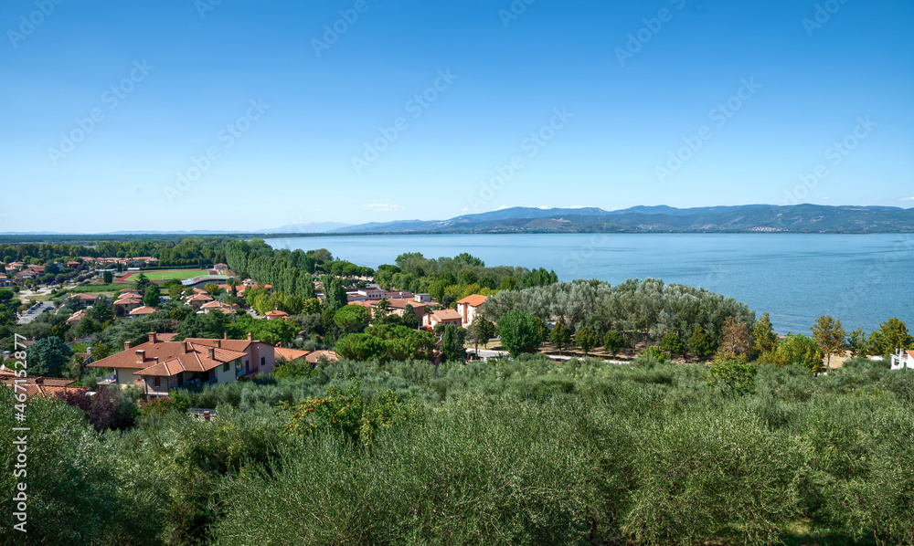 Castiglione del lago, Umbria, Italy. August 2020. Amazing landscape of the Trasimeno lakefront. From the top of the hill of the historic village the view is very wide.