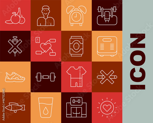 Set line Sun, No Smoking, Bathroom scales, Alarm clock, Attention to health heart, doping syringe, Fruit and Soda can icon. Vector