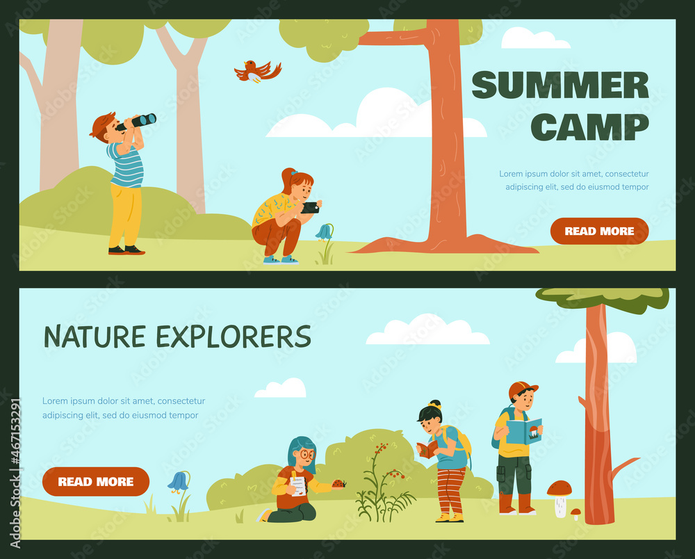 Kids watching birds with binocular and explore nature. Children hiking, taking notes outside cartoon vector banner Kids watching birds with binocular and explore nature. Children hiking, taking notes outside cartoon vector banner