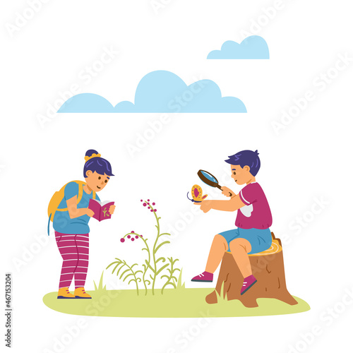 Boy watch butterfly with magnifying glass, young girl check information about wildflowers in her handbook.