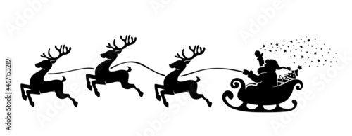 Santa Claus Silhouette in sleigh full of gifts with reindeers. Merry christmas and Happy new year decoration. Vector on transparent background