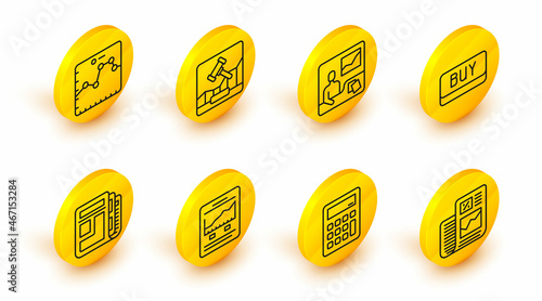 Set line Business finance report, Calculator, Website with growth graph, Stock market news, Buy button, Trading courses, Online internet auction and Browser icon. Vector