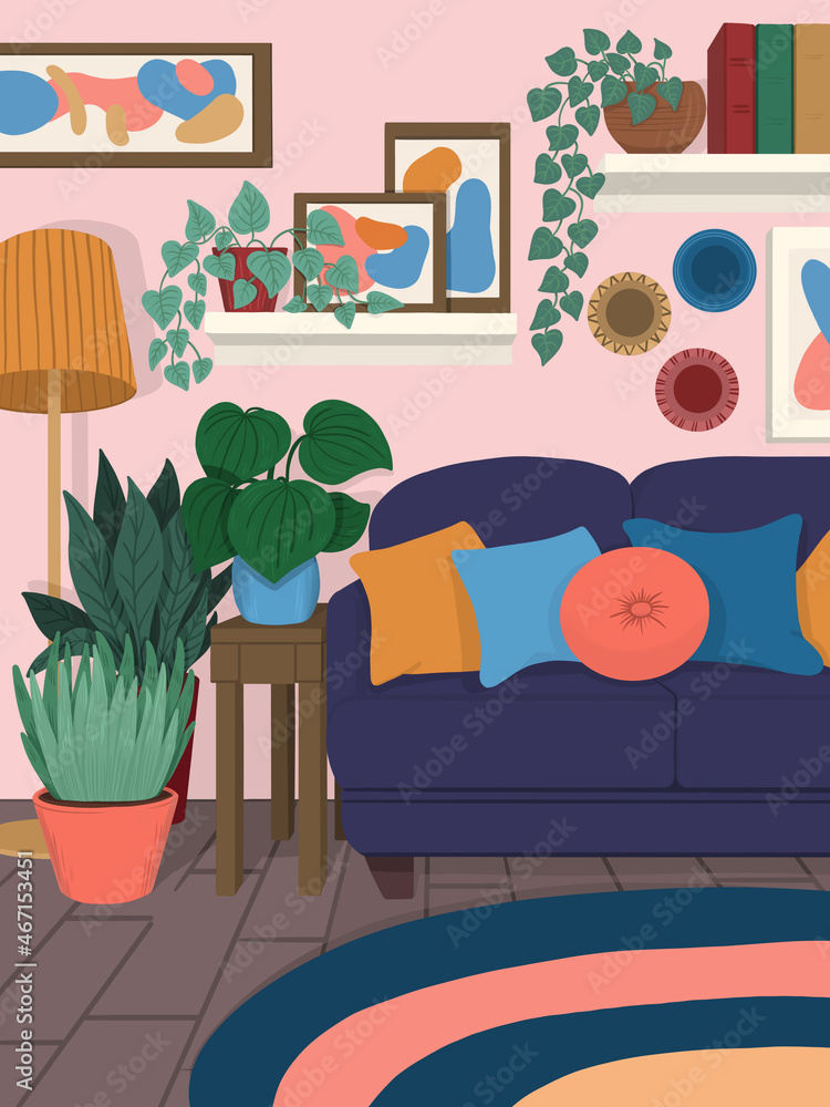 Digital illustration of a home interior. Bright illustration with a sofa, house plants in pots, picture frames, carpet ad etc. Print for postcards, posters, covers.