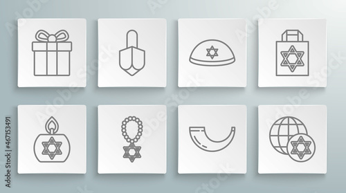 Set line Burning candle, Hanukkah dreidel, Star of David necklace on chain, Traditional ram horn, shofar, World Globe Israel, Jewish kippah, Shopping bag with star david and Gift box icon. Vector