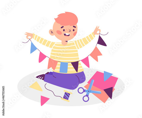 Child boy cutting garland of paper, flat vector illustration isolated.