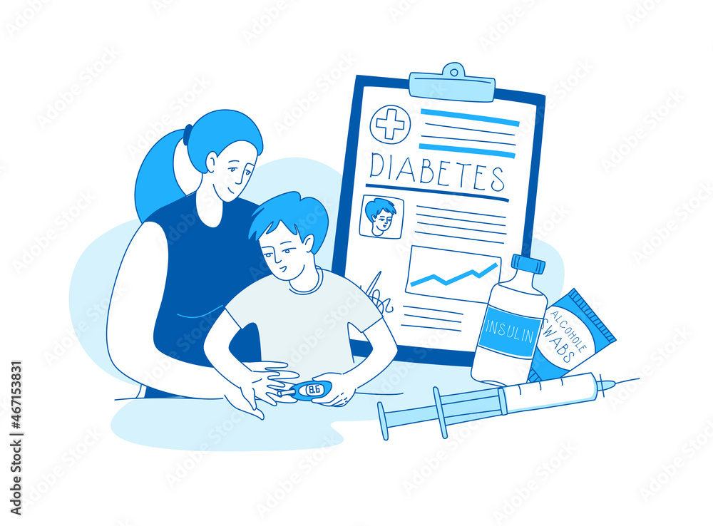 Obraz premium Mother help sugar test diabetes boy, insulin kit pen, blood sugar meter doodle style drawing.
