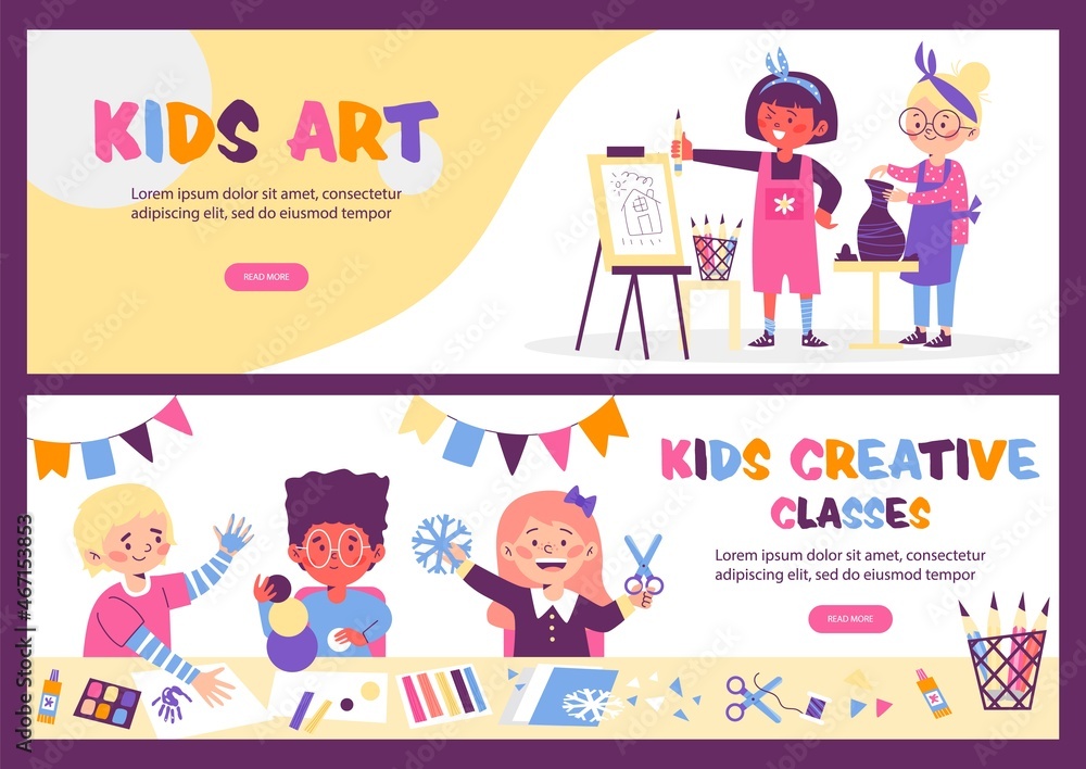 Kids art lessons and creative class banners set, flat vector illustration. Kids art lessons and creative class banners set, flat vector illustration.