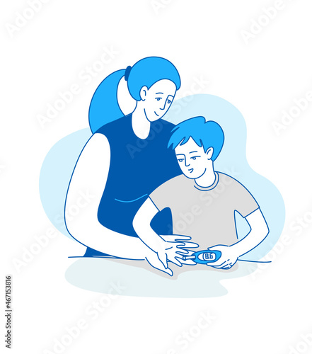 Mother help sugar test diabetes boy, blood sugar meter doodle style drawing.