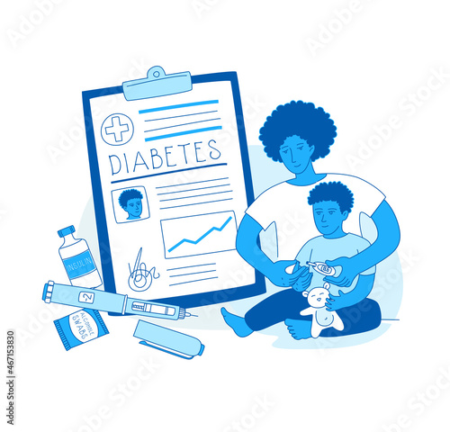 Mother help sugar test diabetes boy, insulin kit pen, blood sugar meter doodle style drawing.