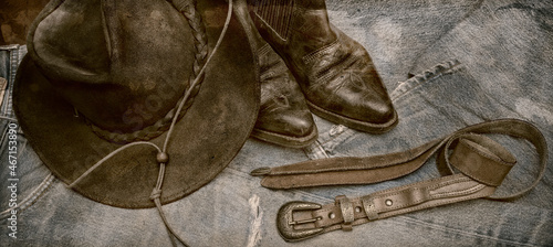 photo vintage, jean, chapeau, bottines et ceinture de cuir