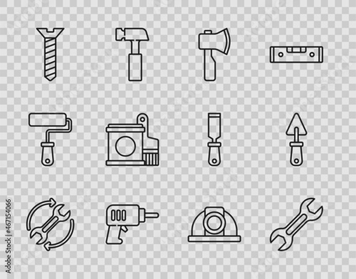 Set line Wrench and arrows as workflow, spanner, Wooden axe, Electric drill machine, Metallic screw, Paint bucket brush, Worker safety helmet and Trowel icon. Vector