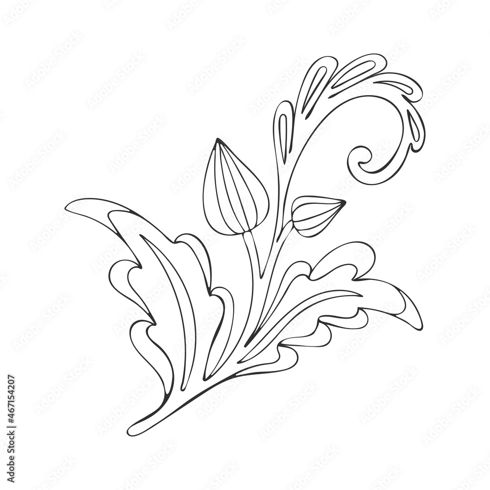 A branch with a bud and leaves of a blooming flower. Line sketch of a garden plant. Hand drawn vector illustration in doodle style. A branch with a bud and leaves of a blooming flower. Line sketch of a garden plant. Hand drawn vector illustration in doodle style.