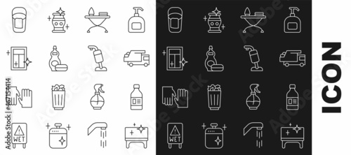 Set line Clean table, Bottle for cleaning agent, Garbage truck, Iron and ironing board, Dishwashing liquid bottle, Cleaning service window, Bucket with rag and Vacuum cleaner icon. Vector
