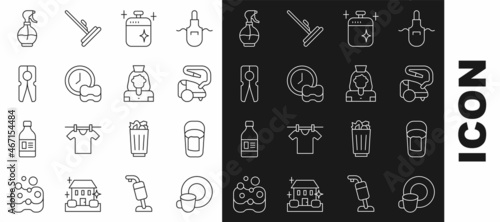 Set line Washing dishes, Bucket with rag, Vacuum cleaner, Clean cooking pot, Clothes pin, Water spray bottle and Cleaning lady service icon. Vector