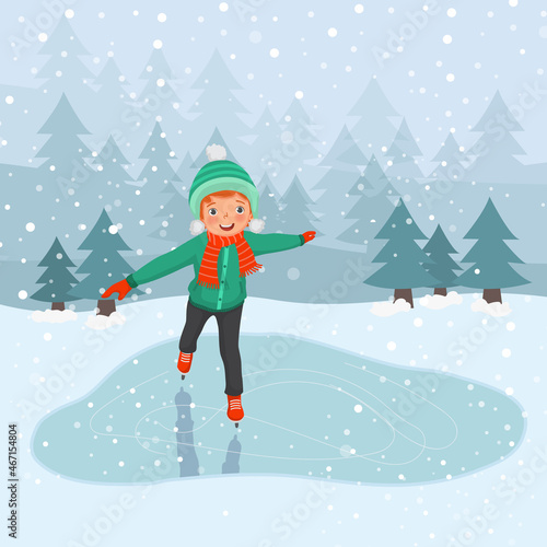 Little boy Ice skating wearing warm winter clothes outdoor on frozen pool in the snowy day