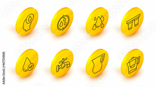 Set line Water jug with a filter, Jug glass water, tap, drop, Recycle clean aqua and icon. Vector