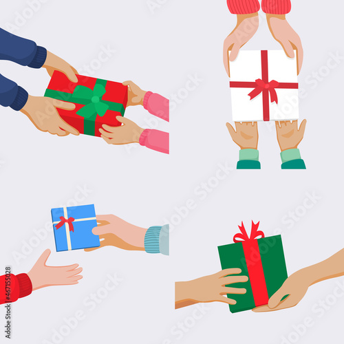 Set of adult and children hands giving and receiving gifts or presents on Christmas day, birthday and other special celebration and holiday events.