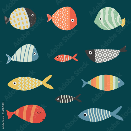 Set of colorful freshwater aquarium cute cartoon style fishes for pattern design, wallpaper, poster, decoration, fashion, wrapping paper, and for children education.