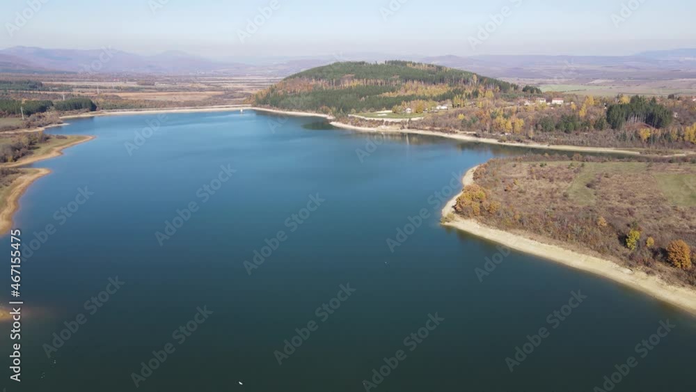 Aerial Autumn view of Izvor Reservoir at Konyavska Mountain, Pernik region, Bulgaria Aerial Autumn view of Izvor Reservoir at Konyavska Mountain, Pernik region, Bulgaria