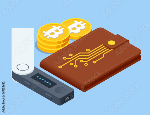 Isometric Digital Wallet technology for cryptocurrency bitcoin. Digital wallet application on mobile