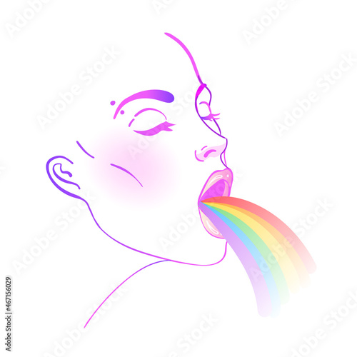 Pretty woman puking rainbow. Hand drawn isolated illustration on white background. LGBT concept.