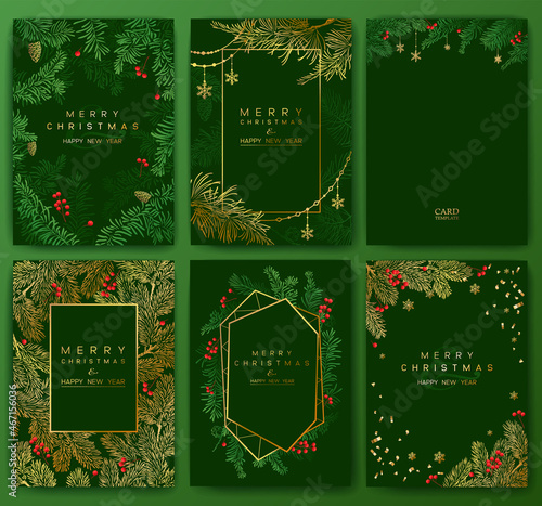 Christmas green Poster set. Vector of Christmas cards with branches of Christmas tree.