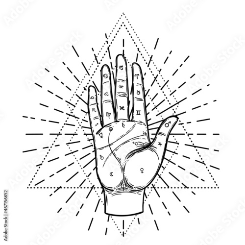 Vintage Hands. Hand drawn sketchy illustration with mystic and occult hand drawn symbols. Palmistry concept. Vector illustration. Spirituality, astrology and esoteric concept.