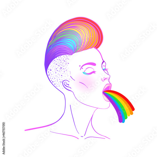 Pretty woman puking rainbow. Hand drawn isolated illustration on white background. LGBT concept.
