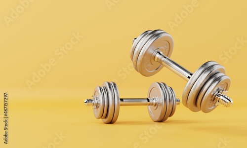 Two dumbbells on isolated yellow background. Fitness accessories and sport object concept. 3D illustration rendering