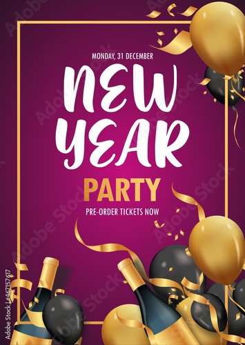 Sticker Creative New Year Party template or flyer design with time and venue details for New Year celebration concept