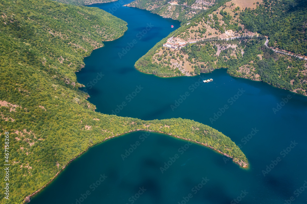 Aerial panoramic view of Vacha Dam in Rhodope Mountain, Bulgaria
