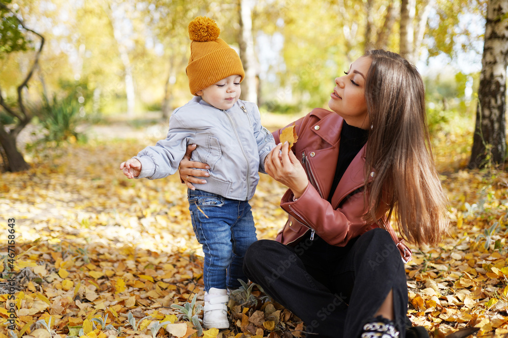 happy family mother and child little boy walking in autumn park outdoors happy family mother and child little boy walking in autumn park outdoors