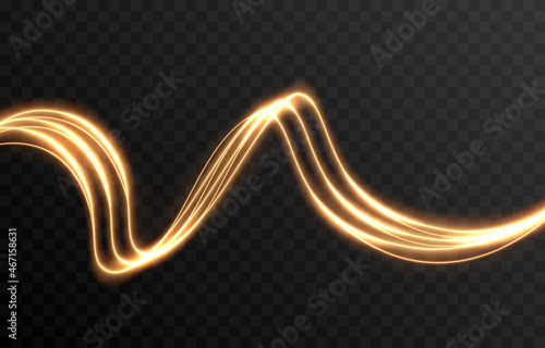 Vector glowing light lines. Neon light, light effect png. Golden line light png, magical glow, shine.