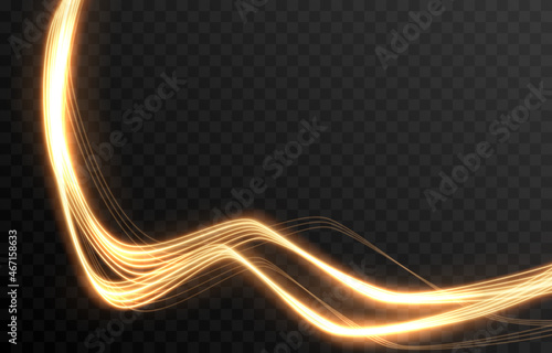 Vector glowing light lines. Neon light, light effect png. Golden line light png, magical glow, shine.