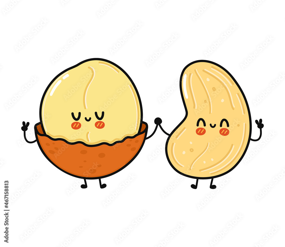 Cute, funny happy walnut and cashew character. Vector hand drawn cartoon kawaii characters, illustration icon. Funny cartoon walnut and cashew friends concept Cute, funny happy walnut and cashew character. Vector hand drawn cartoon kawaii characters, illustration icon. Funny cartoon walnut and cashew friends concept