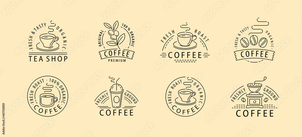 Set of design decorations for packaging coffee. Vector vintage product label template