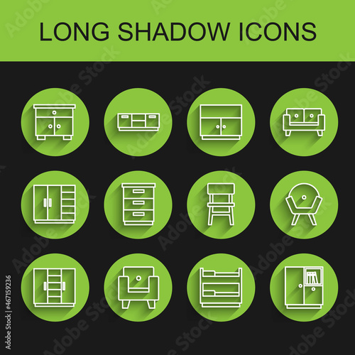 Set line Wardrobe, Armchair, Furniture nightstand, Bunk bed, and Chair icon. Vector © Oksana