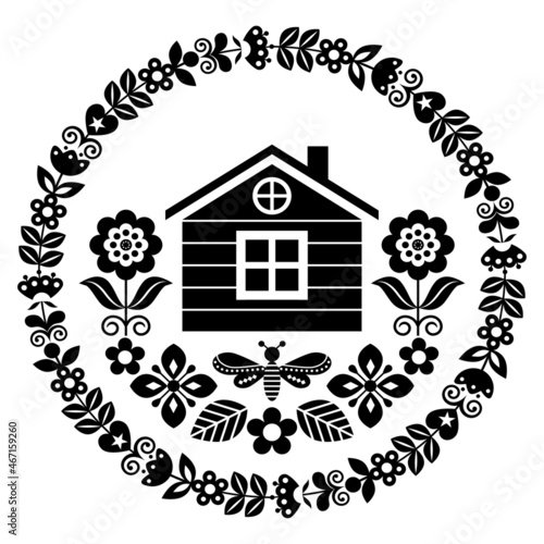 Scandinavian folk art vector cute floral pattern with Finnish or Norwegian house in round frame, greeting card with flowers in black and white
