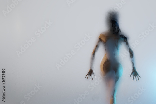 Blurred silhouette of young sexy woman in shower behind glass. 3D rendered illustration.