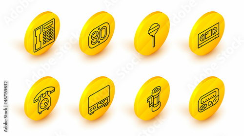 Set line Pager, Camera roll cartridge, Old video cassette player, Telephone handset, VHS tape, Lollipop, 80s Retro and icon. Vector
