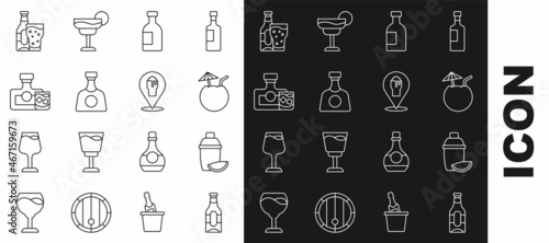 Set line Beer bottle, Cocktail shaker with lime, Coconut cocktail, Glass of vodka, Tequila, Whiskey and glass, and Alcohol or beer bar location icon. Vector