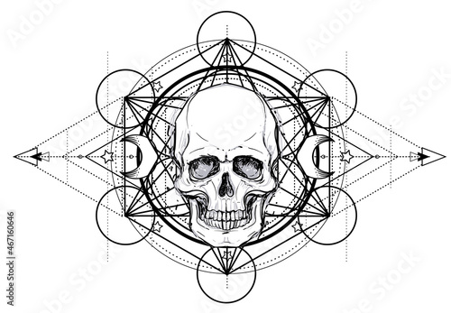 Human Skull and Lotus over Mandala inspired Sacred Geometry. Ayurveda symbol of harmony and balance. Tattoo flesh design, yoga logo. Boho print, poster, t-shirt textile. Isolated vector illustration.