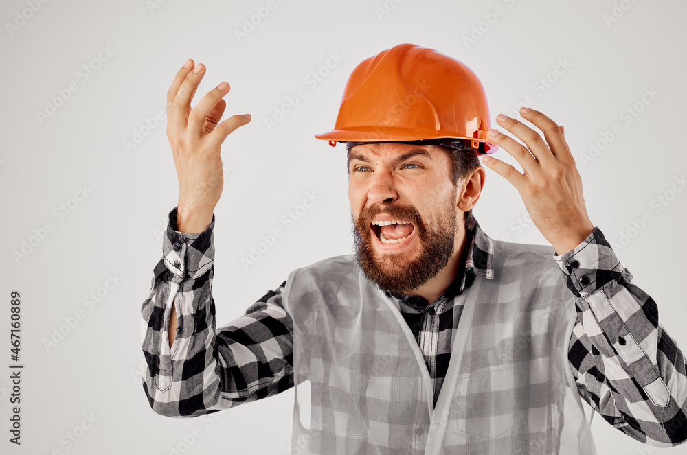 emotional man Construction industry work hand gestures Studio emotional man Construction industry work hand gestures Studio